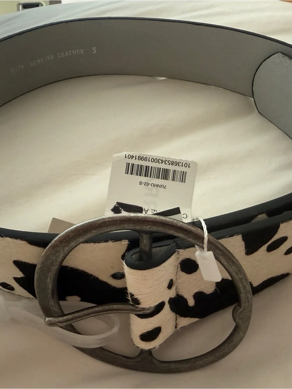 NWT Cow print Leather Belt With Pewter Metal Buckle Size S